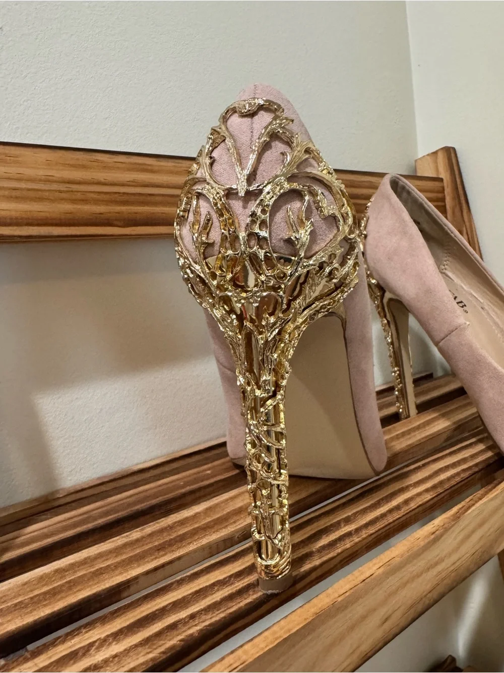 JustFab Blush Pink Suede Pointed-Toe Heels with Gold Filigree Heel
